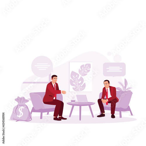 Entrepreneurs sit together to solve problems. Bankers tell clients about the bank s services making recommendations and consulting. Trend Modern vector flat illustration