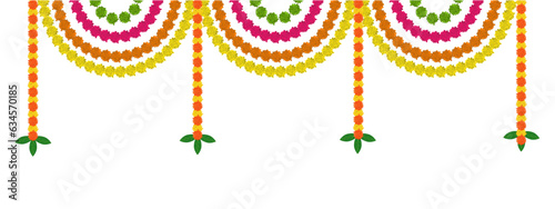 Traditional indian marigold  floral garland vector,wedding and festival decoration,border flower decoration with transparent background