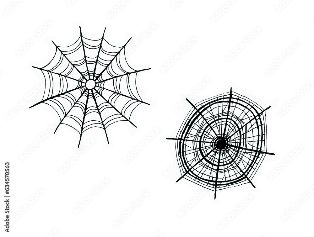 Two different spider webs in black outline on a white background. Round shape. Lines of different thickness. Goes with the Halloween theme.