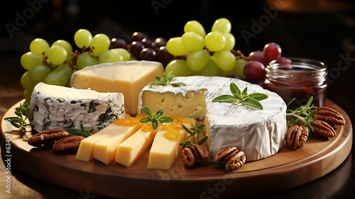 Cheese plate, a traditional Italian appetizer, with walnuts and grapes, harvested