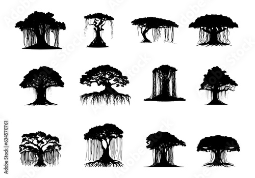set of banyan tree silhouettes on isolated background photo