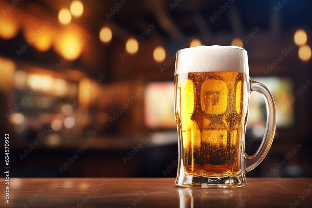 A mug of beer on a wooden table in a pub 3