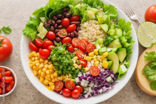 Healthy eating vegetarian food plate, the camera should focus on the fresh ingredients mixed together in a large bowl to create a healthy, flavorful salad.