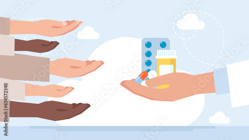 People reach for pills, еablets, capsules, medicines with their hands. Availability of medicines for poor people. Treatment, medication, medical, and pharmacy medicine. Vector illustration