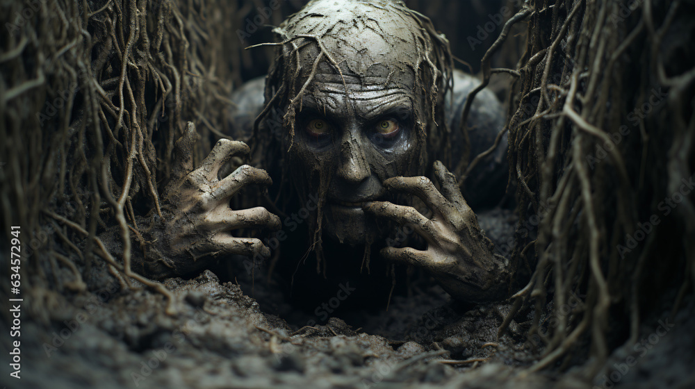 Creepy hands emerging from the ground, reaching out towards an unsuspecting victim. Halloween poster or banner concept. Creepy hands emerging from the ground, reaching out towards an unsuspecting victim. Halloween poster or banner concept.
