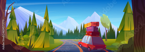 Car with luggage on top driving forest highway toward mountains. Vector cartoon illustration of red auto with suitcases on cabin, beautiful scenery with fir trees along road, family travel on vacation