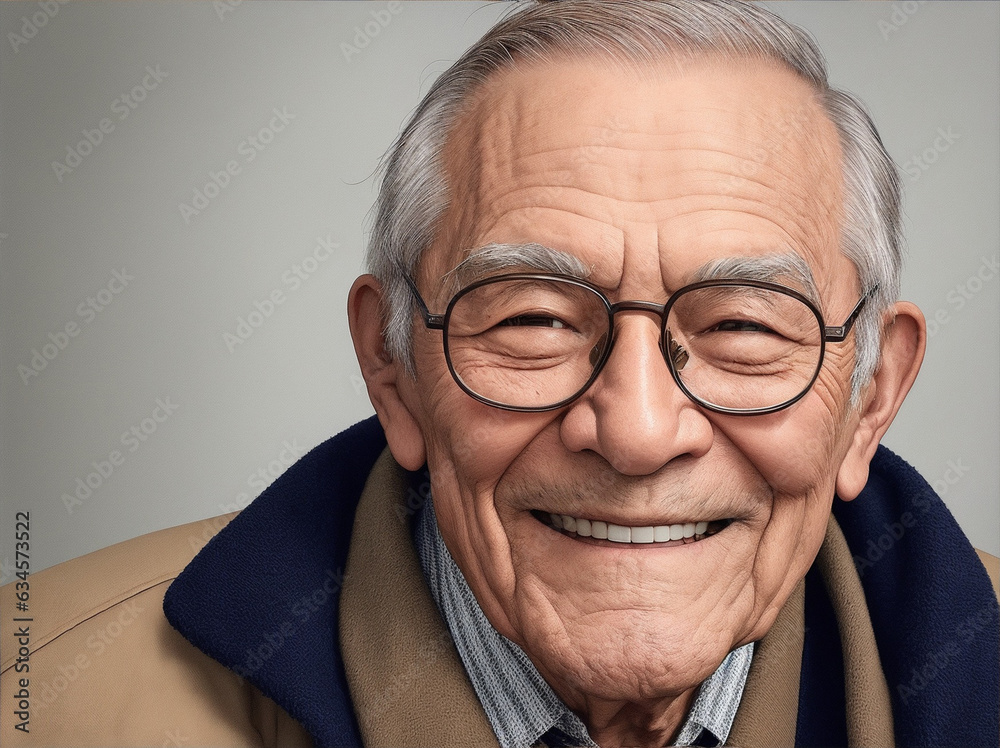 A elder man wearing glasses and a brown jacket smiles at the camera by Generative AI A elder man wearing glasses and a brown jacket smiles at the camera by Generative AI
