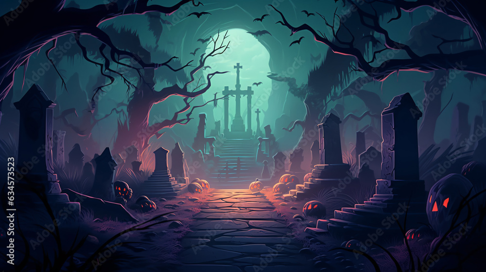 Glowing pathway through a foggy graveyard adorned with spooky tombstones. Halloween flyers and posters backdrop.