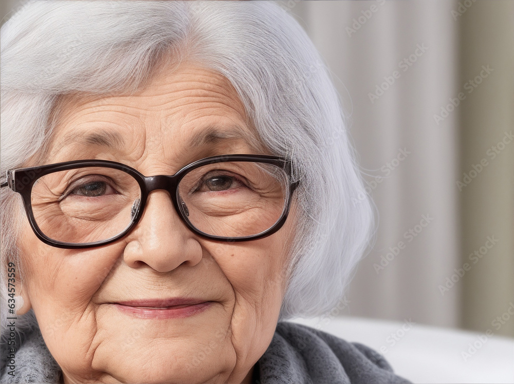 A elder woman with glasses looks at the camera by Generative AI A elder woman with glasses looks at the camera by Generative AI