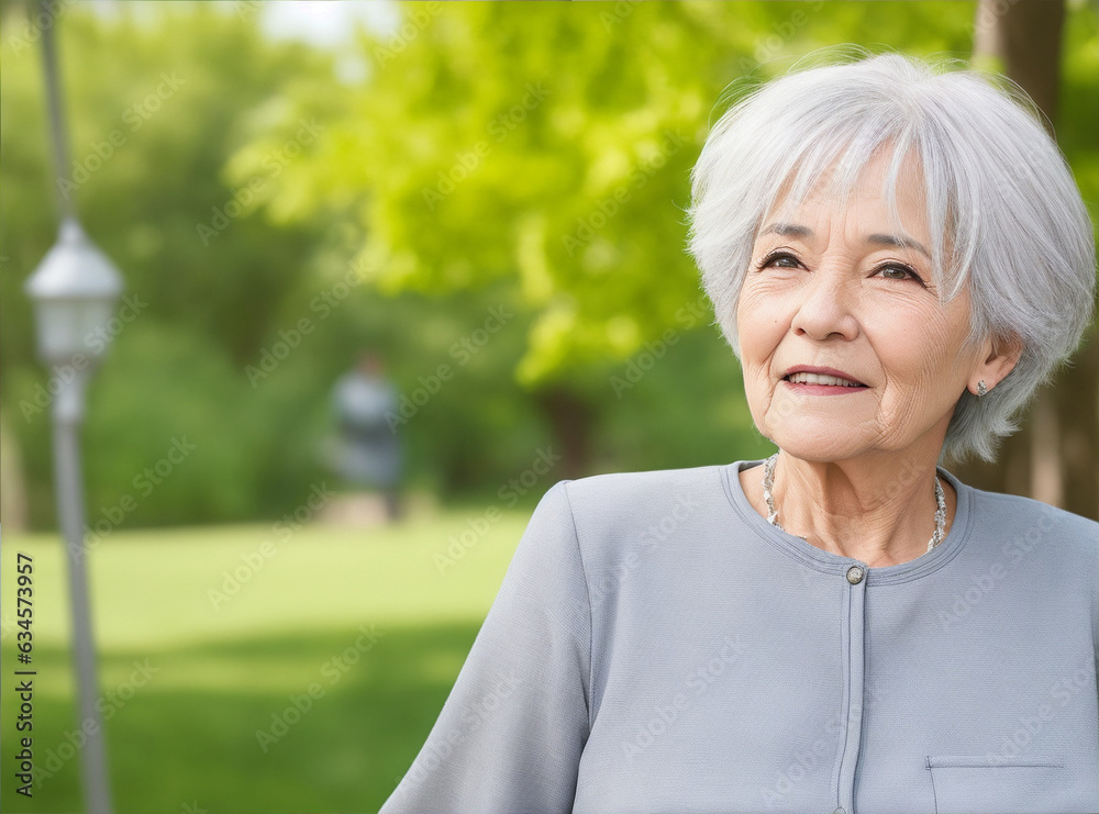 Realistic photo Senior female with grey hair in park by Generative AI Realistic photo Senior female with grey hair in park by Generative AI