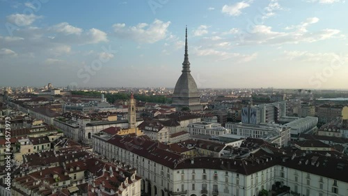 The drone aerial footage of Turin city centre with Mole Antonelliana, Piedmont region of Italy.
