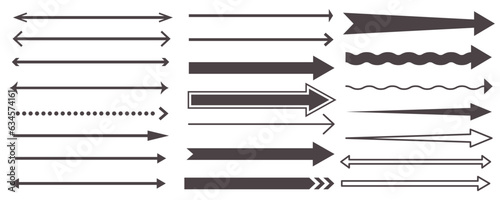 Long straight arrow set. Horizontal right black lines. Basic simple pointer. Vector illustration isolated on white background