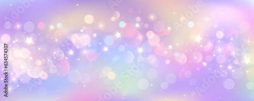 Purple unicorn background. Pastel watercolor sky with glitter stars and bokeh. Fantasy galaxy with holographic texture. Magic marble space. Vector