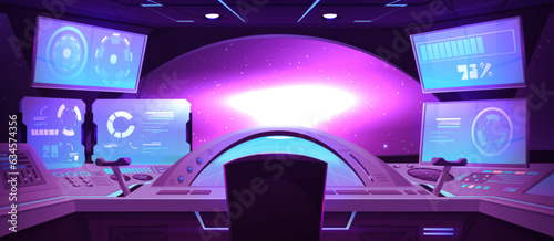 Spaceship cockpit inside and window cartoon vector background. Space ship cabin with futuristic panel and control station for astronaut or alien. Dashboard screen interface illustration in shuttle