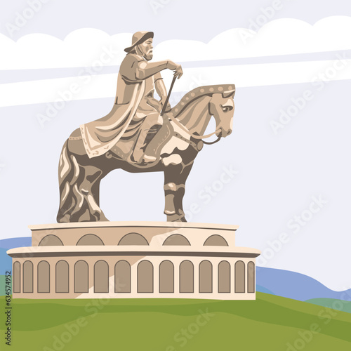 Monument to Genghis Khan in the Mongolian steppe near Ulaanbaatar. Sculpture of a horseman, vector. The founder of the Mongol Empire, the leader of the nomads. Monument on the background of landscape