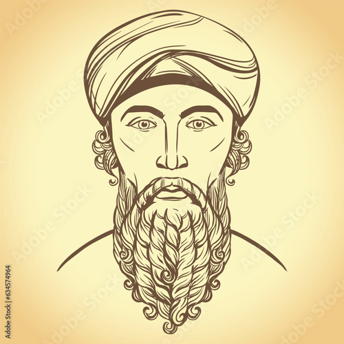 Zarathushtra is the spiritual founder of the religion of Zoroastrianism. Portrait of ancient Iranian prophet. Vector portrait of a Persian man. Bearded man in keffiyeh. Line drawing in engraving style