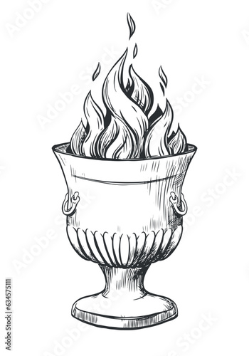 Zoroastrian fire altar, the incarnation of the god Ahura Mazda. Unquenchable flame in the goblet. Vector. Engraving style illustration. Ink drawing of a religious symbol of the ancient Iranians. photo