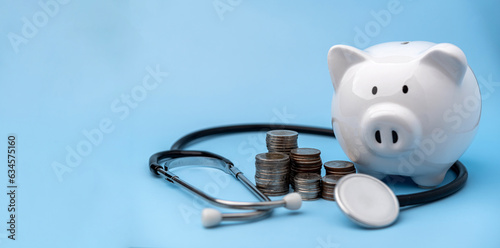 Financial Health Management Growth and Savings Concept with Piggy Bank and Money. Piggy Bank and Health Insurance Solutions and Medical Examination. Business investment assurance emergency medical.