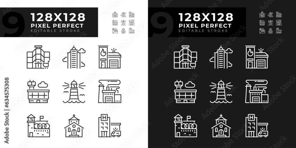 Fototapeta premium Pixel perfect dark and light mode icons representing various architecture, editable thin line illustration.