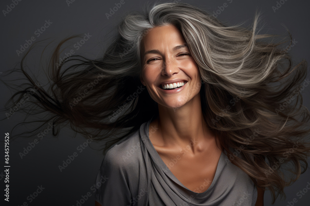Portrait happy beautiful retired woman. Mature female smile look at camera. Carefree life on retirement. Generative AI. Portrait happy beautiful retired woman. Mature female smile look at camera. Carefree life on retirement. Generative AI.
