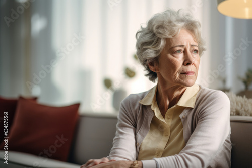 Sad thoughtful grey haired woman sitting on sofa at home, looking at window away in deep unhappy thoughts, touching face, suffering from depression, apathy. Generative AI.