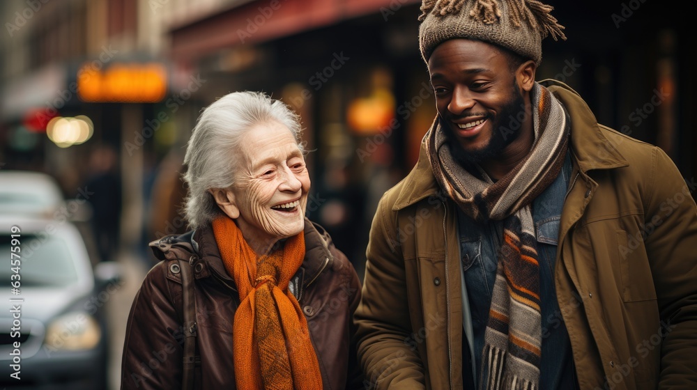A young black man helping an elderly white woman across the street A young black man helping an elderly white woman across the street
