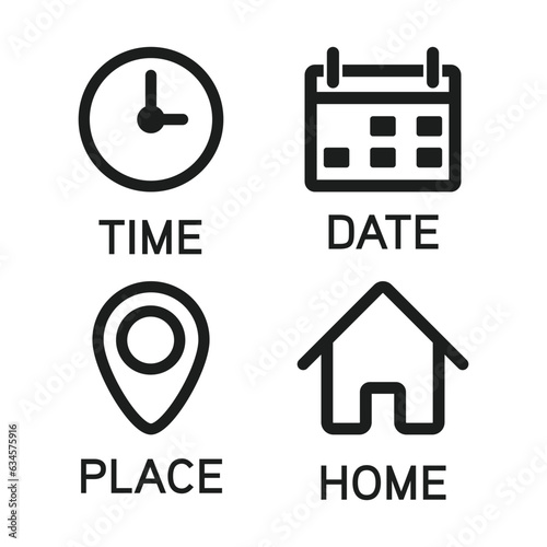 Time Clock Icon, Date Calendar, Place Pin Location Address, Home Button, Business Icon Set, Office Hour, Schedule, Reminder, Plan Design Elements, Event, User Interface Symbol Vector Illustration