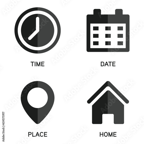 Time Clock Icon, Date Calendar, Place Pin Location Address, Home Button, Business Icon Set, Office Hour, Schedule, Reminder, Plan Design Elements, Event, User Interface Symbol Vector Illustration