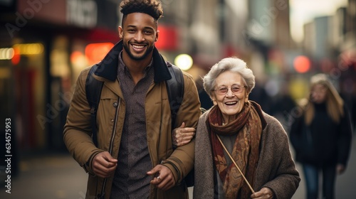 A young black man helping an elderly white woman across the street
