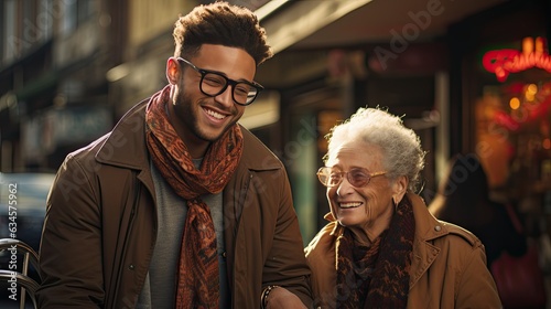 A young black man helping an elderly white woman across the street photo