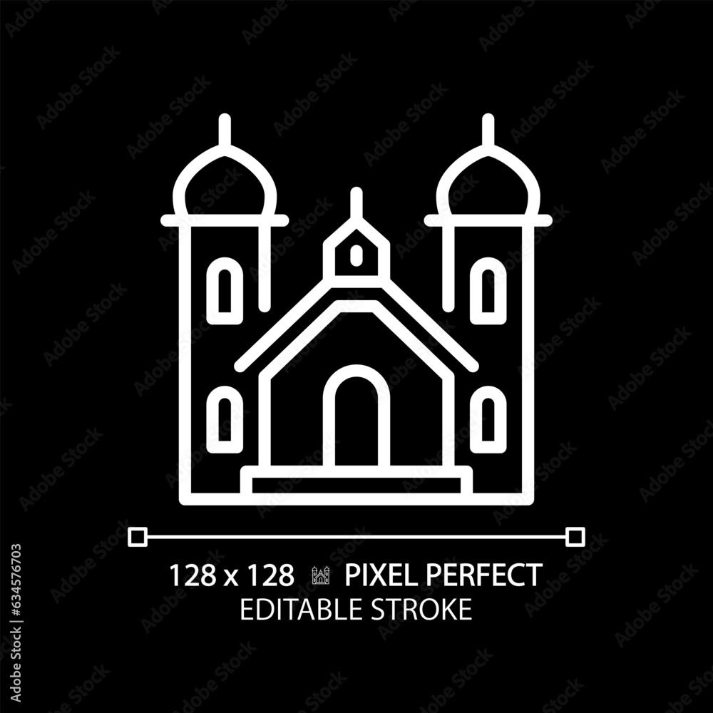2D pixel perfect editable white religious building icon, isolated vector, thin line illustration.