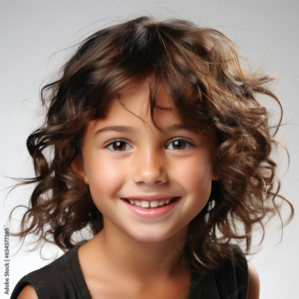 Professional studio head shot of a vivacious 6-year-old Portuguese girl with a sparkling grin. Professional studio head shot of a vivacious 6-year-old Portuguese girl with a sparkling grin.