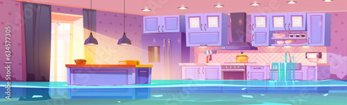 Wet home kitchen flooded with tap water. Vector cartoon illustration of modern dining room in house with furniture and appliances covered with sewage leaking from clogged sink or damaged old pipe