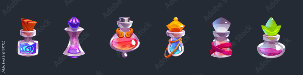 Magic elixir glass bottle fantasy game asset set. Cartoon Halloween alchemy vial element with cork in blue, pink and green. Rpg apothecary wizard liquid mixture in jar. Mobile app chemical inventory Magic elixir glass bottle fantasy game asset set. Cartoon Halloween alchemy vial element with cork in blue, pink and green. Rpg apothecary wizard liquid mixture in jar. Mobile app chemical inventory