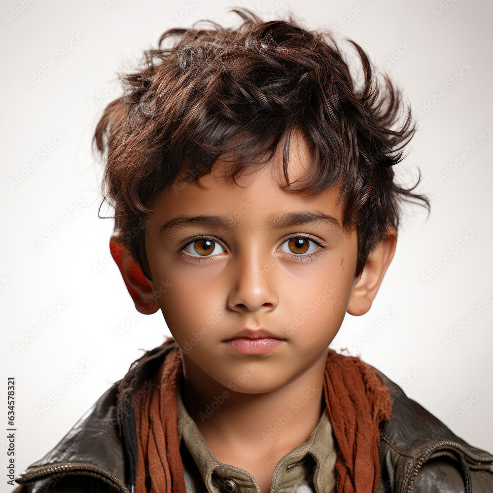 Professional studio head shot of a sullen 7-year-old Indian boy with a huff. Professional studio head shot of a sullen 7-year-old Indian boy with a huff.