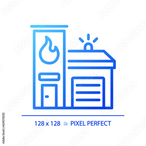2D pixel perfect blue gradient fire brigade icon, isolated vector, building thin line illustration.