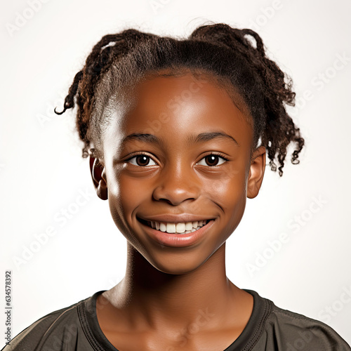 Professional studio head shot of a giggly 12-year-old girl from Dominica with a snicker. © GraphicsRF
