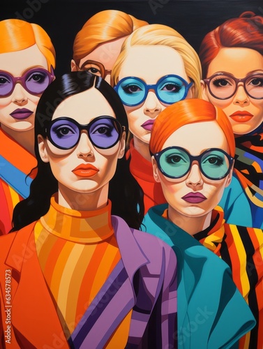 A vivid painting of a group of women wearing colorful glasses, each one adorned with a unique style of clothing and art, captures a lively and vibrant moment of self-expression
