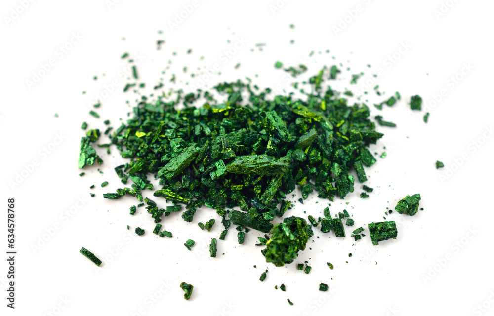 Malachite green crystals. Aniline green, Basic green 4, Diamond green B or Victoria green B. Isolated Malachite green crystals. Aniline green, Basic green 4, Diamond green B or Victoria green B. Isolated