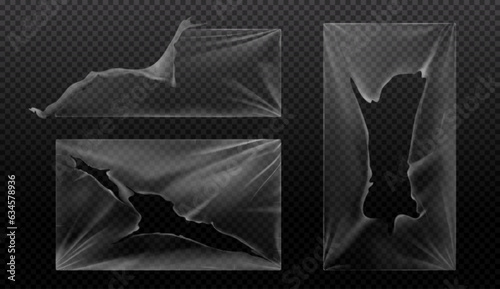 Realistic set of ripped plastic wraps isolated on transparent background. Vector illustration of polyethylene rectangles with uneven torn edge, holes, wrinkled texture, packaging damage overlay effect