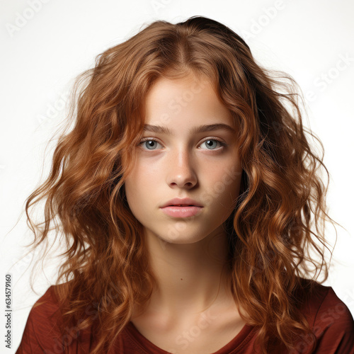 Professional studio head shot of a 16-year-old Danish girl with a lively and energetic expression.