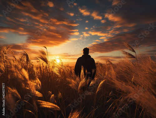 Silhouette of a man walking on the grass at sunset, sunrise