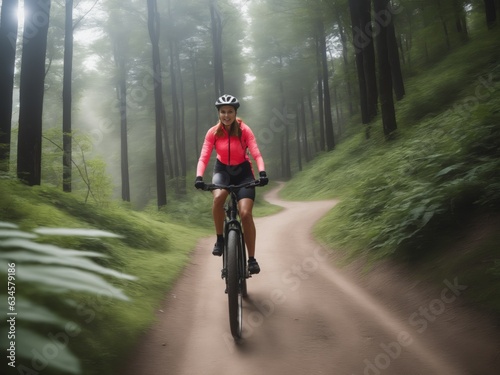 Female cyclist riding bicycle on mountain trail, woman on sports bike © Portrait sensual