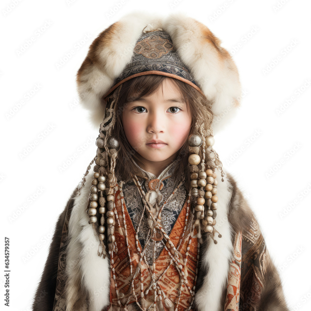 Studio shot of an Oroqen 8-year-old in traditional attire. Studio shot of an Oroqen 8-year-old in traditional attire.