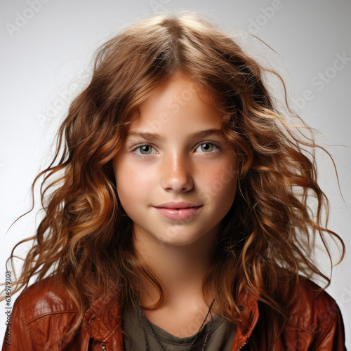 Professional studio head shot of a chipper 10-year-old French girl with an upbeat expression.