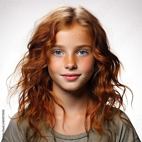 Professional studio head shot of a chipper 10-year-old French girl with an upbeat expression. photo