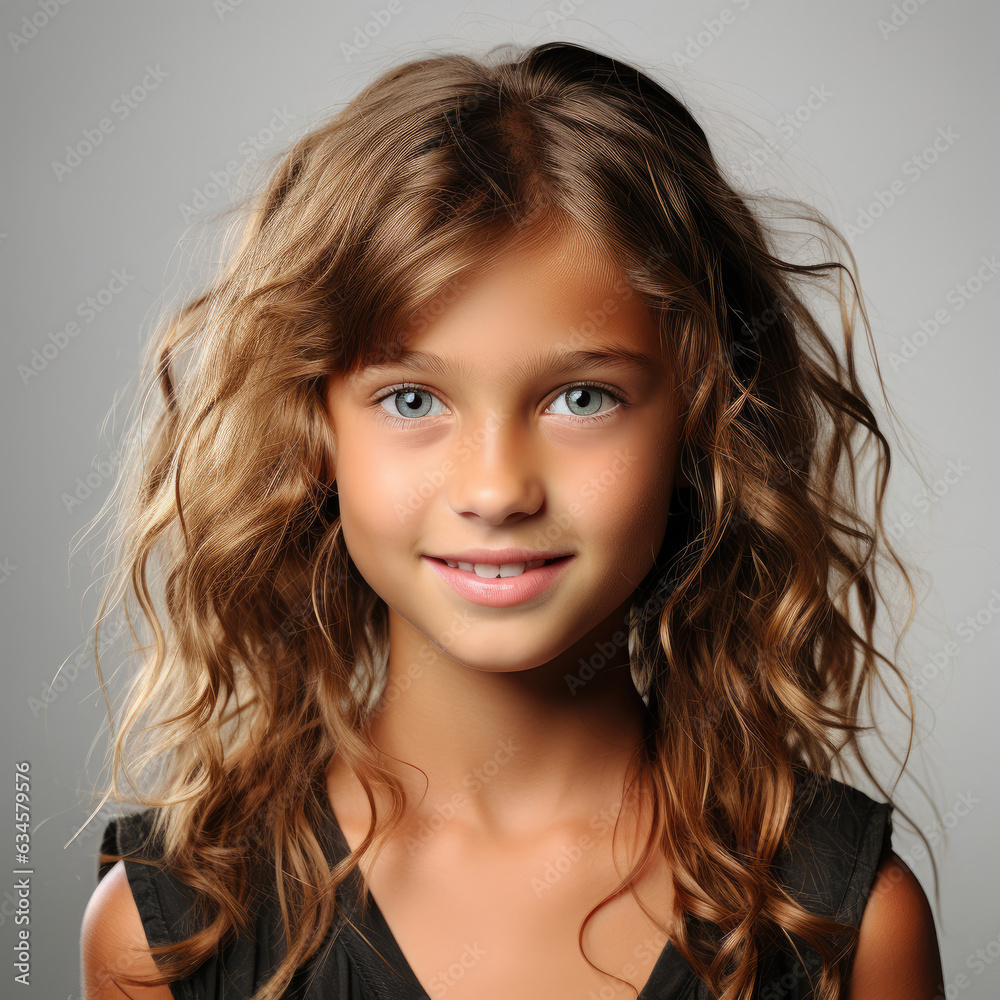 Professional studio head shot of a sunny 8-year-old Hungarian girl with a beaming smile. Professional studio head shot of a sunny 8-year-old Hungarian girl with a beaming smile.