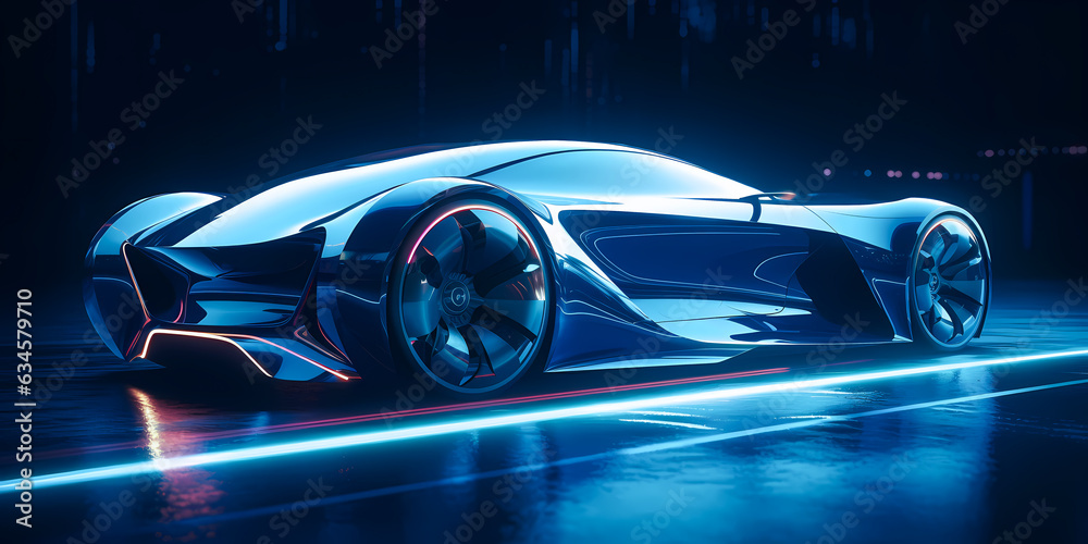 Fast Cyberpunk blue neon modern car of future from bright lines in
