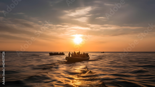 Refugee migrants sail illegally on ship boat across sea from Africa or Afghanistan sunset. Generation AI