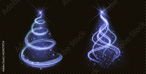 Light Christmas tree with blue glitter and sparkle. Abstract Xmas vector blue glitter decoration on transparet abstract black background. Isolated winter season fairy symbol for New Year greeting card